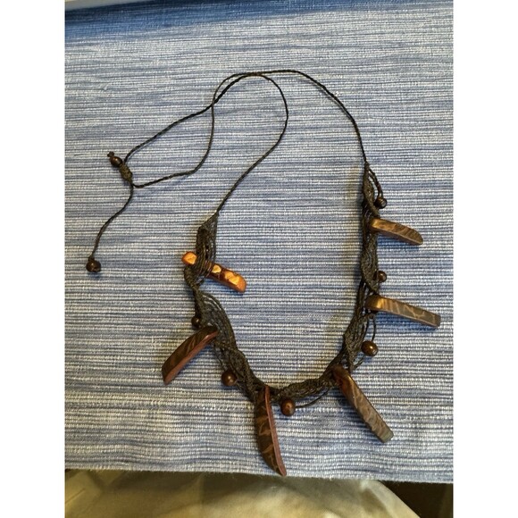 Artisan Jewelry - Artisan Tagua Wood Bar Pendant Necklace Macrame Cord Tribal Boho Adjustable